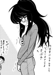  1boy blush borrowed_character breasts clothed_masturbation denim female female_masturbation glasses greyscale hashimoto_kentarou_(hip_hoppy) highres jeans long_hair masturbation monochrome nipple_stimulation original pants sidelocks simple_background small_breasts translation_request tsukigime_sabuko white_background 