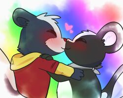  blush blush_lines crushpepper fur heart_symbol hearts_around_head hi_res kissing male male/male mammal mammal_taur mephitid mephitid_taur multicolored_body multicolored_fur oxynard pepper_(crushpepper) rainbow_background red_eyes scarf simple_background skunk skunk_taur tagme taur two_tone_body two_tone_fur 