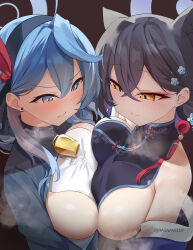  2girls absurdres ako_(blue_archive) bare_shoulders bell black_dress black_hair black_hairband blue_archive blue_eyes blue_hair blue_halo breast_press breasts china_dress chinese_clothes collarbone cowbell dress hairband halo highres kaguya_(blue_archive) large_breasts looking_down multiple_girls neck_bell ragnaveldt short_hair smile symmetrical_docking twitter_username yellow_eyes 