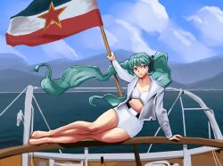  absurdres andrejhriesik aqua_hair belt blue_eyes boat bra cloud commentary day english_commentary female flag hatsune_miku headphones headset highres holding holding_flag horizon jacket long_hair looking_to_the_side lying mountainous_horizon on_boat on_side open_clothes open_jacket open_mouth outdoors pencil_skirt skirt sky solo twintails underwear very_long_hair vocaloid water watercraft white_bra white_jacket white_skirt yugoslavia yugoslavian_flag 