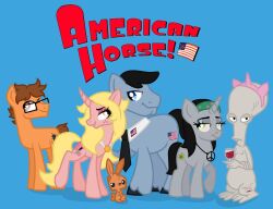  alien american_dad angel_(mlp) bandana blue_background blue_eyes equid equine eyewear female francine_smith friendship_is_magic glasses green_bandanna green_eyes green_kerchief group hasbro hayley_smith horse kerchief klaus_heisler male mammal my_little_pony necktie pony roger_smith roswell_grey simple_background stan_smith steve_smith waitrosehater 