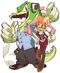  1boy absurdres breasts cleavage crocodile_boy fangs female furry furry_female furry_male headphones high_heels highres jewelry kosherea lanyard long_eyelashes open_clothes rabbit_girl ring smile sonic_(series) teacher vanilla_the_rabbit vector_the_crocodile 