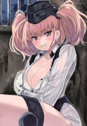  atlanta_(kancolle) breasts brown_hair cleavage female kantai_collection large_breasts makoushi scared shirt solo thigh_strap two_side_up white_shirt 