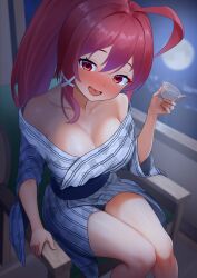  ahoge alternate_costume bath_yukata blush breasts chair choko_(cup) cleavage cup dorachan_r female hair_ribbon highres holding holding_cup i-168_(kancolle) japanese_clothes kantai_collection kimono large_breasts long_hair looking_at_viewer moon night nose_blush off_shoulder open_mouth ponytail red_eyes red_hair ribbon sitting solo window yukata 