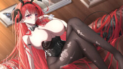  2024 absurdly_long_hair absurdres animal_ear_hairband animal_ears arm_strap azur_lane bare_shoulders black_horns black_leotard breasts brown_pantyhose crossed_legs curled_horns dated demon_girl demon_horns demon_tail detached_collar dutch_angle fake_animal_ears feet_out_of_frame female fine_fabric_emphasis forward_facing_horns framed_insect from_below hairband highres hindenburg_(azur_lane) hindenburg_(delirious_duel)_(azur_lane) horns huge_breasts leotard long_hair looking_at_viewer official_alternate_costume pantyhose playboy_bunny pointy_ears rabbit_ear_hairband rabbit_ears red_hair signature sitting strapless strapless_leotard tail torn_clothes torn_pantyhose undersized_breast_cup very_long_hair z_shitei_ero 