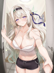  absurdres alternate_costume bare_shoulders black_hairband black_shorts blush breasts camisole cleavage collarbone cowboy_shot dolphin_shorts doorway female firefly_(honkai:_star_rail) grabbing_another&#039;s_hand grey_hair hair_between_eyes hair_ornament hairband hamo_(miyo_rmo2) highres holding_hands honkai:_star_rail honkai_(series) indoors large_breasts long_hair looking_at_viewer midriff navel open_door panty_straps pov pov_doorway pov_hands shorts single_off_shoulder smile solo_focus thighs two-tone_eyes white_camisole 