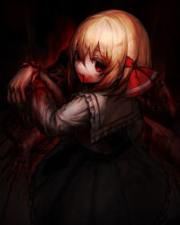  black_skirt black_vest blonde_hair blood blood_from_mouth blood_on_clothes blood_on_face blood_on_hands bow colored_eyelashes commentary_request crossed_bangs dark_background expressionless female frilled_shirt_collar frilled_sleeves frills from_behind hairbow highres long_sleeves looking_at_viewer red_eyes rumia shirt skirt skirt_set solo spark621 touhou vest white_shirt 