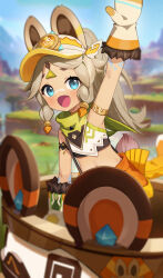  absurdres animal_ears arm_markings bandana bandana_around_neck bare_shoulders blonde_hair blue_eyes blush body_markings braid chinchilla_ears chinchilla_girl chinchilla_tail commentary_request crop_top female fur-lined_gloves fur-trimmed_mittens fur_trim genshin_impact gloves highres kachina_(genshin_impact) long_hair looking_at_viewer midriff mittens navel ohihil open_mouth ponytail riding shirt smile tail visor_cap 