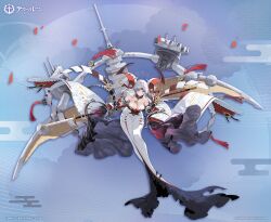  anchor anti-aircraft_gun azur_lane bare_shoulders black_collar breasts cannon cleavage closed_mouth collar copyright_name copyright_notice detached_sleeves double_bun dress female full_body hair_bun hair_ornament highres holding holding_sword holding_weapon horns large_breasts long_hair looking_at_viewer official_art ootachi petals purple_eyes red_petals rigging second-party_source single_horn solo strapless strapless_dress sword watarase_(azur_lane) weapon white_dress white_hair white_horns wide_sleeves 