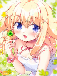  :d animal_ears bare_arms bare_shoulders blue_eyes blurry blurry_background blurry_foreground blush braid clover collarbone commentary_request depth_of_field dress female four-leaf_clover hair_between_eyes hair_ornament hairclip hand_up highres holding long_hair looking_at_viewer low_twintails neck_ribbon original pink_nails pink_ribbon rabbit_ears ribbon sasai_saji sleeveless sleeveless_dress smile solo strap_slip twin_braids twintails very_long_hair white_dress x_hair_ornament 