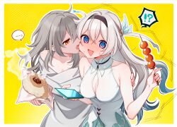  !? ... 2girls ? baozi bare_shoulders biting black_hairband blue_eyes blush breasts cheek_biting cleavage cleavage_cutout clothing_cutout collarbone commentary_request firefly_(honkai:_star_rail) food grey_hair hairband hand_on_another&#039;s_shoulder head_steam highres holding holding_food holding_phone honkai:_star_rail honkai_(series) long_hair multiple_girls nervous_sweating off-shoulder_shirt off_shoulder open_mouth phone pink_eyes purple_eyes shirt simple_background sleeveless sleeveless_shirt spoken_ellipsis spoken_interrobang stelle_(honkai:_star_rail) sweat trailblazer_(honkai:_star_rail) two-tone_dress upper_body white_shirt yellow_background yellow_eyes yodare_(3yami8) yuri 