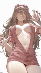  breasts brown_eyes brown_hair center_opening chilakkk claw_pose commentary dress dress_shirt female fingernails from_below hair_between_eyes hat highres large_breasts long_hair long_hair_between_eyes looking_at_viewer make_heroine_ga_oo_sugiru! nail_polish navel nurse_cap open_mouth pink_dress purple_nails shikiya_yumeko shirt simple_background solo thighs underboob white_background wide-eyed 