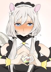  animal_ears assault_lily black_bow black_dress blue_eyes blush bow bowtie breasts cleavage closed_mouth commentary_request detached_sleeves dress embarrassed female flower flying_sweatdrops gradient_background grey_hair hair_between_eyes hair_flower hair_ornament hairbow hands_up heart heart_hands highres kemonomimi_mode long_hair looking_at_viewer low_twintails maid_headdress medium_breasts murasama nose_blush official_alternate_costume pink_background raised_eyebrows shiozaki_suzume short_sleeves sleeveless sleeveless_dress solo squirrel_ears squirrel_girl squirrel_tail tail twintails two-tone_dress upper_body white_background white_bow white_bowtie white_dress white_flower wrist_cuffs 