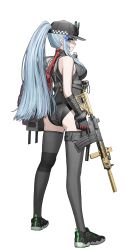  absurdres ass assault_rifle black_footwear black_gloves black_hat black_leotard black_thighhighs blue_hair breasts cheogtanbyeong commentary_request elbow_gloves female from_behind from_side full_body girls&#039;_frontline_2:_exilium gloves green_eyes gun h&amp;k_hk416 hat highres hk416_(girls&#039;_frontline) holding holding_gun holding_weapon korean_commentary large_breasts leotard long_hair looking_at_viewer rifle shoes sidelocks sideways_glance simple_background sneakers solo standing thighhighs weapon white_background 