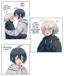  2boys android before_sex birthday blue_eyes blue_hair color colored comic cute danganronpa danganronpa_v3 exited gay hoodie hug hugging imminent_sex kiibo mishmasz multiple_images robot robot_boy safe safe_for_work saihara_shuuichi talking white_hair yaoi yellow_eyes 