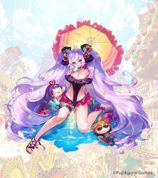  ahoge blue_eyes crossed_bangs eating female food full_body hair_between_eyes hair_ornament long_hair looking_at_viewer no_shoes no_socks ocean official_alternate_costume official_art on_ground one-piece_swimsuit outdoors parasol popsicle purple_hair purple_one-piece_swimsuit purple_ribbon ribbon sandals shibuhiko shinobi_nightmare sidelocks sitting swimsuit tongue tongue_out tsukuyomi_(shinobi_nightmare) two_side_up umbrella very_long_hair 