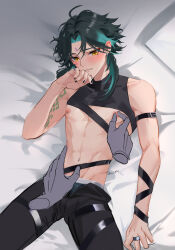  1boy absurdres ahoge alternate_costume aqua_hair arm_tattoo black_hair black_nails black_pants black_shirt blush facial_mark forehead_mark genshin_impact highres lji_321 male_focus male_underwear multicolored_hair navel navel_piercing nipple_piercing nipples pants piercing shirt short_hair solo stomach tattoo underwear xiao_(genshin_impact) yaoi yellow_eyes 