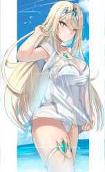  adjusting_hair blonde_hair blue_sky border breasts chest_jewel collarbone commentary_request covered_navel cowboy_shot female hand_up inoue_takuya_(tactactak) large_breasts long_hair looking_at_viewer mythra_(radiant_beach)_(xenoblade) mythra_(xenoblade) ocean one-piece_swimsuit outside_border parted_lips pillarboxed see-through see-through_shirt shirt shirt_tug short_sleeves sky solo standing strapless strapless_one-piece_swimsuit swept_bangs swimsuit swimsuit_under_clothes thigh_strap tiara white_border white_one-piece_swimsuit xenoblade_chronicles_(series) xenoblade_chronicles_2 yellow_eyes 