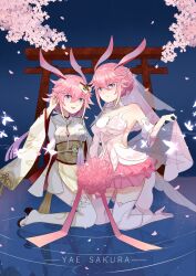  2girls :d animal_ears bridal_veil character_name cherry_blossoms closed_mouth dress dual_persona fox_ears full_body hair_ornament honkai_(series) honkai_impact_3rd japanese_clothes kimono multiple_girls okobo open_mouth petals pink_hair purple_eyes sandals smile strapless strapless_dress thighhighs torii uchikake veil wedding_dress white_dress white_kimono white_thighhighs yae_sakura yae_sakura_(dream_raiment) yae_sakura_(flame_sakitama) yae_sakura_(gyakushinn_miko) yae_sakura_(sublime_lotus) yoshikuri_clove_kuri 