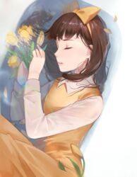  antweiyi bathtub bow brown_hair closed_eyes commentary_request devotion dress du_meishin female flower hairband hairbow long_hair long_sleeves shirt sleeveless sleeveless_dress solo tulip water wet wet_clothes white_shirt yellow_bow yellow_dress yellow_flower yellow_hairband yellow_tulip 