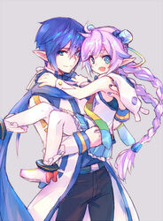  1boy animal_hood blue_eyes blue_hair braid carrying ciel_(elsword) coat commentary_request cosplay elsword female hood kaito_(vocaloid) kaito_(vocaloid)_(cosplay) long_hair low_twintails luciela_r._sourcream oerba_yun_fang partial_commentary pointy_ears ponytail princess_carry rana_(vocaloid) rana_(vocaloid)_(cosplay) scarf skin_fang smile star-shaped_pupils star_(symbol) symbol-shaped_pupils twin_braids twintails very_long_hair vocaloid wanko_(takohati8) 