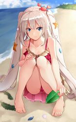  barefoot batatata77 beach blue_eyes collarbone commentary_request crab crab_on_head drill_hair fate/grand_order fate_(series) feet female full_body highres long_hair marie_antoinette_(fate) marie_antoinette_(swimsuit_caster)_(fate) marie_antoinette_(swimsuit_caster)_(first_ascension)_(fate) outdoors sand shovel smile solo starfish swimsuit twin_drills white_hair 