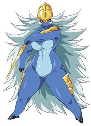  aqua_skin big_hair blue_skin breasts claws closed_mouth colored_skin commentary female fighting_stance frown furrification furry furry_female holding large_breasts legs_apart long_hair looking_at_viewer multicolored_skin narrow_waist navel no_nipples nude personification pokemon pokemon_(creature) samurott seiryu_keita serious spiked_hair standing thick_thighs thighs tsurime two-tone_skin very_long_hair white_hair 