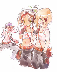  2boys alchemist camera candy chung_seiker ciel_(elsword) commentary_request crop_top drooling echo_(elsword) elsword female flat_chest food goggles goggles_on_head licking lollipop midriff multiple_boys navel otoko_no_ko partial_commentary ponytail taking_picture tank_top wanko_(takohati8) 