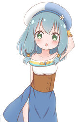  :o aqua_hair arm_behind_head arm_up bare_shoulders blue_hat blue_panties blue_skirt blush breasts collarbone commentary_request endro! female flower green_eyes hair_between_eyes hat hat_flower jiu_(sdesd3205) looking_at_viewer meiza_endust multicolored_clothes multicolored_hat off-shoulder_shirt off_shoulder panties parted_lips shirt simple_background skirt small_breasts solo underwear white_background white_flower white_hat white_shirt 