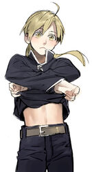  1boy alphonse_elric androgynous belt black_shirt blonde_hair blush commentary_request conqueror_of_shambala expressionless fullmetal_alchemist long_hair looking_at_viewer looking_away male_focus navel noako pants ponytail shirt simple_background solo stomach white_background yellow_eyes 