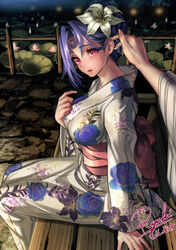  artist_name bench breasts commentary_request crescent crescent_facial_mark dated facial_mark female floral_print flower forehead_tattoo hair_flower hair_ornament half_updo hand_on_own_chest highres japanese_clothes kimono large_breasts lily_(flower) looking_at_viewer lotus obi original outstretched_arm parted_bangs parted_lips pov purple_hair red_eyes ryuki@maguro-ex sash signature sitting solo_focus tucking_hair water yukata 