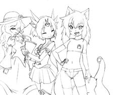  animal_ears cameko_(camel) camel_(dansen) closed_eyes hat kyu_(dgallon) midriff milia milia_wars monochrome navel puki_(dgallon) sachiho skirt 