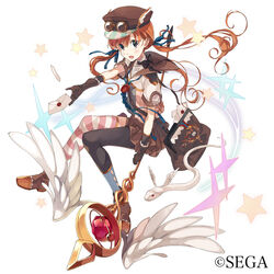  asymmetrical_legwear bag black_legwear boots broom broom_riding brown_eyes commentary_request female full_body gloves goggles hat highres letter long_hair looking_at_viewer low_twintails messenger_bag open_mouth orange_hair peaked_cap photoshop_(medium) sailor_collar sega short_sleeves shoulder_bag sidesaddle skirt snake solo sparkle staff star_(symbol) striped_clothes striped_thighhighs thighhighs tsukugu twintails uneven_legwear watermark white_background winged_hat wings world_end_eclipse 