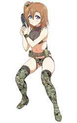  belt bikini black_thighhighs blue_eyes blush boots bow breasts brown_hair camouflage camouflage_bikini camouflage_bow camouflage_footwear cleavage commentary_request female full_body gun hair_between_eyes hairbow highres holding holding_gun holding_weapon kosaka_honoka love_live! love_live!_school_idol_project medium_breasts navel one_side_up see-through short_hair simple_background solo stance swimsuit tetopetesone thigh_boots thighhighs weapon white_background 