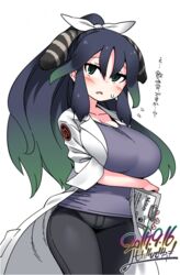  alpha_signature artist_name black_hair breasts cleavage clipboard commentary_request dated denim female gradient_hair green_eyes green_hair japari_symbol jeans kako_(kemono_friends) kemono_friends lab_coat large_breasts long_hair looking_at_viewer multicolored_hair pants ponytail signature simple_background solo sweatdrop translation_request two-tone_hair white_background yoshida_hideyuki 