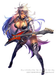  bare_shoulders belt boots breasts buttons cleavage commentary_request copyright_name cuboon dark-skinned_female dark_skin elbow_gloves electric_guitar female fingerless_gloves full_body gloves grey_hair guitar hair_over_one_eye highres holding instrument large_breasts lips long_hair midriff mouth_hold official_art photoshop_(medium) plectrum plectrum_in_mouth purple_eyes shiny_clothes shiny_skin short_shorts shorts simple_background sleeveless solo thigh_boots thighhighs venus_rumble very_long_hair white_background white_footwear white_thighhighs 