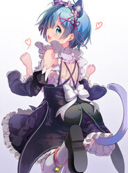  animal_ears ankle_bell arms_up bell blue_eyes blue_hair cat_ears collar commentary_request cowboy_shot detached_sleeves dress fake_animal_ears female hair_ornament hair_over_one_eye hair_ribbon headdress heart highres jingle_bell kemonomimi_mode looking_at_viewer looking_back maid neck_bell open_mouth pachi_(sugiyama0306) paw_pose re:zero_kara_hajimeru_isekai_seikatsu rem_(re:zero) ribbon roswaal_mansion_maid_uniform shoes short_hair simple_background solo white_background white_legwear x_hair_ornament 