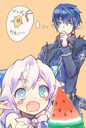  1boy bird chick ciel_(elsword) commentary_request crown drooling elsword fangs female food fruit horns luciela_r._sourcream partial_commentary pointy_ears star-shaped_pupils star_(symbol) symbol-shaped_pupils thinking wanko_(takohati8) watermelon worm 