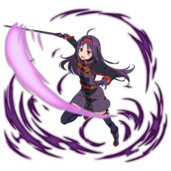  :d ahoge attack augma bad_id belt blue_thighhighs boots dress energy female floating_hair full_body gloves hairband highres holding holding_sword holding_weapon leg_up long_hair looking_at_viewer obsidian_slasher official_art open_mouth outstretched_arm purple_dress purple_footwear purple_gloves purple_hair red_eyes red_hairband short_dress smile solo sword sword_art_online sword_art_online_the_movie:_ordinal_scale thighhighs transparent_background very_long_hair weapon yuuki_(sao) zettai_ryouiki 