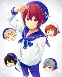  1other 4boys black_hair blonde_hair closed_eyes commentary_request ensemble_stars! hat looking_at_viewer multiple_boys narukami_arashi open_mouth orange_hair purple_eyes red_hair sailor sailor_hat sakuma_ritsu salute school_uniform sena_izumi_(ensemble_stars!) short_hair smile solo_focus suou_tsukasa tears tsukinaga_leo white_background yawning yukichi_(eikichi) yumenosaki_school_uniform 