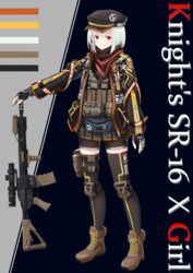  ar-15 bandana cabbie_hat commentary english_commentary fanny_pack female foregrip full_body gloves gun hat highres knee_pads magazine_(weapon) original partially_fingerless_gloves peace_symbol red_eyes rifle scope short_hair short_shorts shorts solo thighhighs weapon white_hair x_ace_k_x 