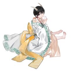  1boy barefoot black_eyes black_hair chinese_clothes eyeshadow facial_mark full_body hakutaku_(hoozuki_no_reitetsu) hoozuki_no_reitetsu horns kunimitsu lolicon looking_at_viewer makeup male_focus simple_background single_earring solo tongue tongue_out traditional_clothes white_background younger 