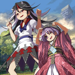  2girls ahoge black_hair blue_bow blue_bowtie blush bow bowl bowl_hat bowtie bracelet castle commentary_request cone_horns day dress exercising hat highres horns ink_stamp_sheet japanese_clothes jewelry kijin_seija kimono multicolored_hair multiple_girls obi one_eye_closed puffy_short_sleeves puffy_sleeves purple_eyes purple_hair radio_exercises red_eyes sash shining_needle_castle short_sleeves smile streaked_hair stretching sukuna_shinmyoumaru sweat syope touhou white_hair wide_sleeves 