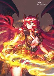  airomed artist_name breasts cleavage commentary commission dated demon_horns demon_wings female flaming_sword flaming_weapon horns large_breasts long_hair lutherniel monster_girl orange_eyes original red_hair runes solo sword weapon wings 