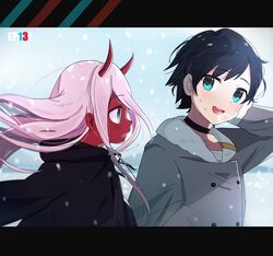  1boy black_cloak black_hair cloak coat commentary couple darling_in_the_franxx female fur_trim grey_coat highres hiro_(darling_in_the_franxx) hood hooded_cloak horns long_hair oni_horns parka pink_hair red_horns red_pupils red_sclera short_hair spoilers tomato_omurice_melon winter_clothes winter_coat younger zero_two_(darling_in_the_franxx) 