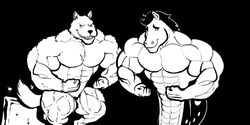  2:1 aaron_(undertale) abs anthro biceps big_muscles canid canine canis duo equid equine fish fur horse huge_muscles hybrid hyper hyper_muscles ice ice_cube ice_cube_(undertale) ice_wolf_(undertale) male mammal marine monochrome muscular pecs ripped-saurian standing undertale undertale_(series) wolf 