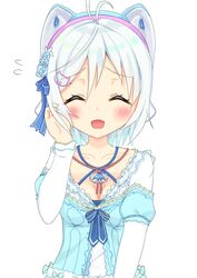  .live :d ^_^ animal_ears antenna_hair bad_id bad_pixiv_id blue_bow blue_flower blue_rose blue_shirt blush bow breasts cat_ears cleavage closed_eyes collarbone commentary_request dennou_shoujo_siro facing_viewer fake_animal_ears female flower flying_sweatdrops hair_between_eyes hair_flower hair_ornament hairbow layered_sleeves long_sleeves medium_breasts off-shoulder_shirt off_shoulder open_mouth puffy_short_sleeves puffy_sleeves rose shirt short_over_long_sleeves short_sleeves simple_background smile solo sutei_(xfzdarkt) upper_body virtual_youtuber white_background white_hair white_shirt 