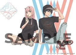  1boy black_choker black_collar black_hair black_hat black_shirt black_shorts blue_eyes candy choker collar commentary_request couple cross-laced_footwear crossed_legs darling_in_the_franxx female food green_eyes grey_footwear grey_pants hair_ornament hairband hand_up hat hiro_(darling_in_the_franxx) holding holding_candy holding_clothes holding_food holding_hat holding_lollipop horns jpeg_artifacts lollipop long_hair looking_at_viewer official_art oni_horns pants pink_hair red_horns sample_watermark shirt shoes short_shorts shorts sitting sneakers straight studded_choker tanaka_masayoshi thighs tongue tongue_out torn_clothes torn_pants watermark white_footwear white_hairband zero_two_(darling_in_the_franxx) 