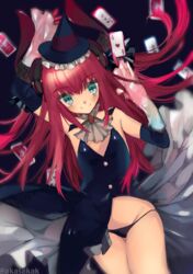  akasakak bad_id bad_pixiv_id blue_eyes card detached_sleeves elbow_gloves elizabeth_bathory_(dragon_magician_girl)_(fate) elizabeth_bathory_(fate) elizabeth_bathory_(fate/extra_ccc) fate/extella fate/extra fate/extra_ccc fate_(series) female flat_chest gloves horns long_hair looking_at_viewer official_alternate_costume playing_card purple_hair smile solo 