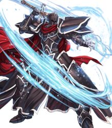  1boy alondite armor black_armor black_knight_(fire_emblem) cape commentary_request fire_emblem fire_emblem:_path_of_radiance fire_emblem_heroes full_armor full_body gauntlets helmet highres holding holding_sword holding_weapon izuka_daisuke male_focus official_art pauldrons red_cape shoulder_armor solo sword transparent_background weapon 